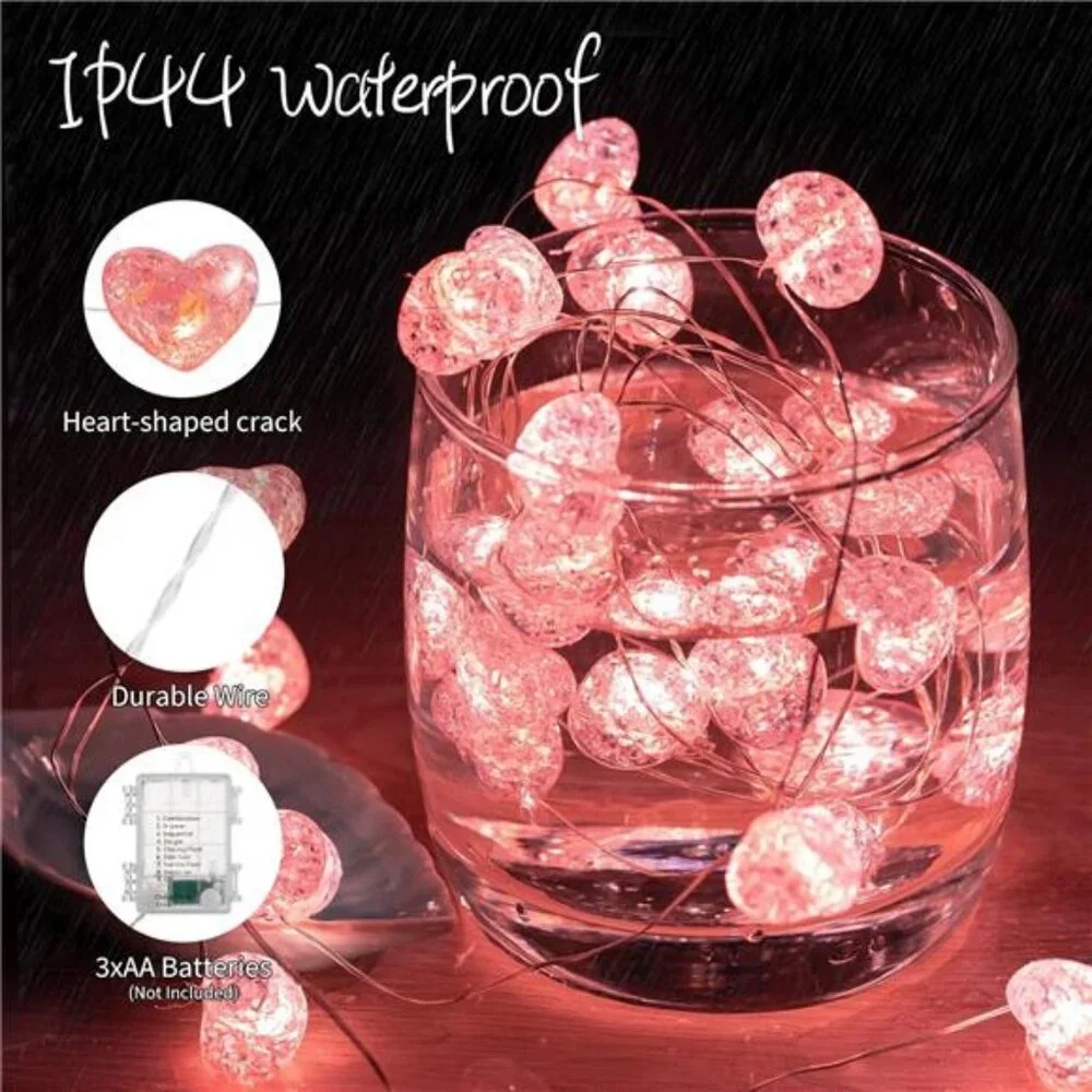 Lovely Valentine’s Day Fairy String Lights 10.5 ft 30 LED Pink Heart Battery